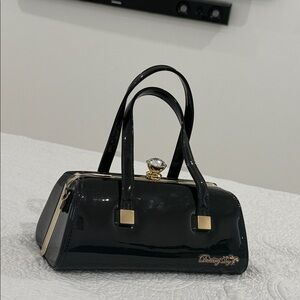 Glossy Black Satchel with Gold Accents
